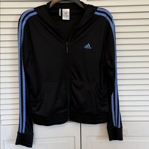 Adidas Y2K ClimaLite Women M Athletic Track Jacket Hood  Zip Pockets Black Blue